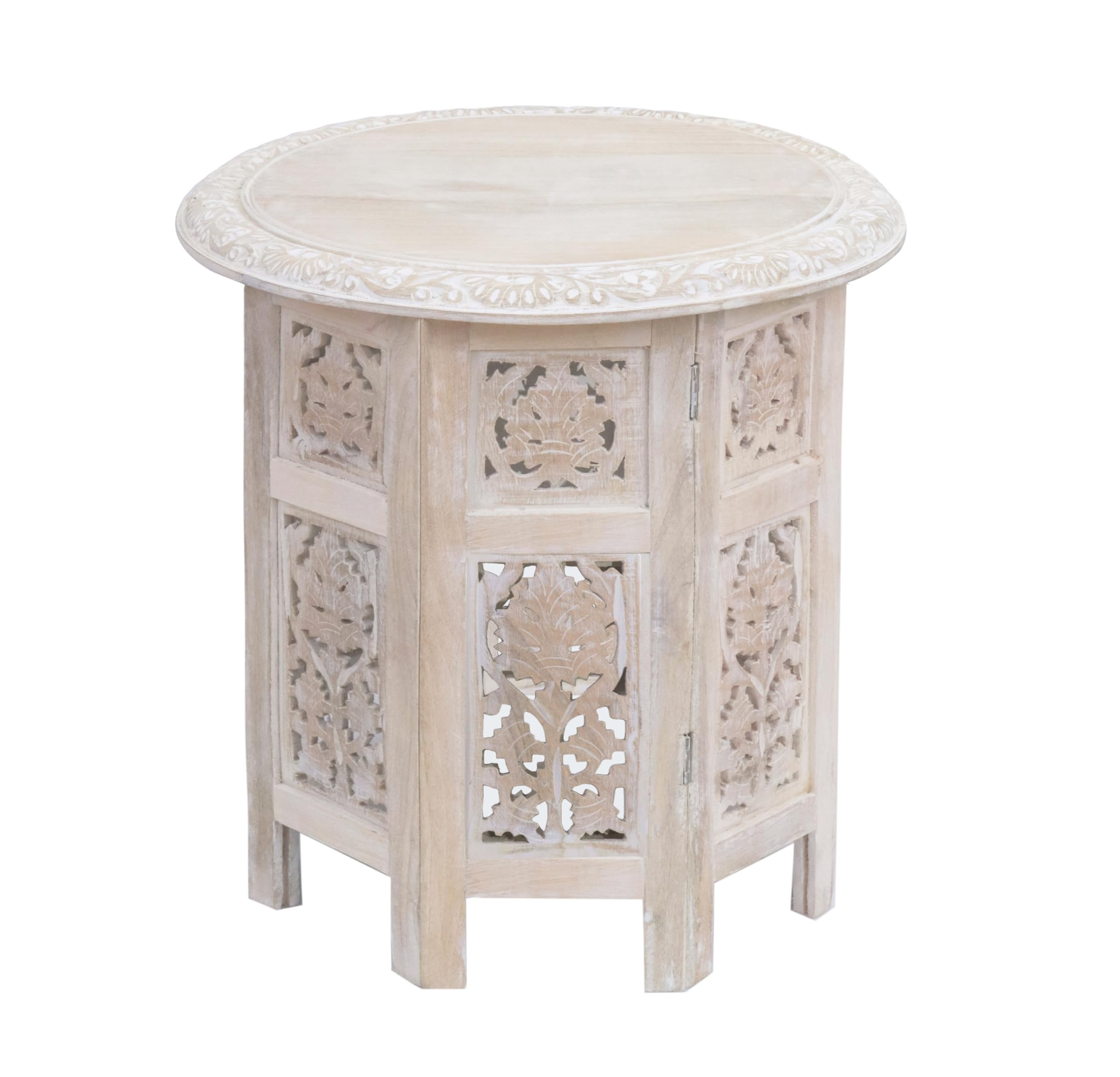 COTTON CRAFT Solid Wood Accent End Table - Hand Carved Vintage Boho Folding Side Table - Small Spaces Entryway Farmhouse Living Room Bedside - No Tools Assembly - 18x18 Octagon - Brown