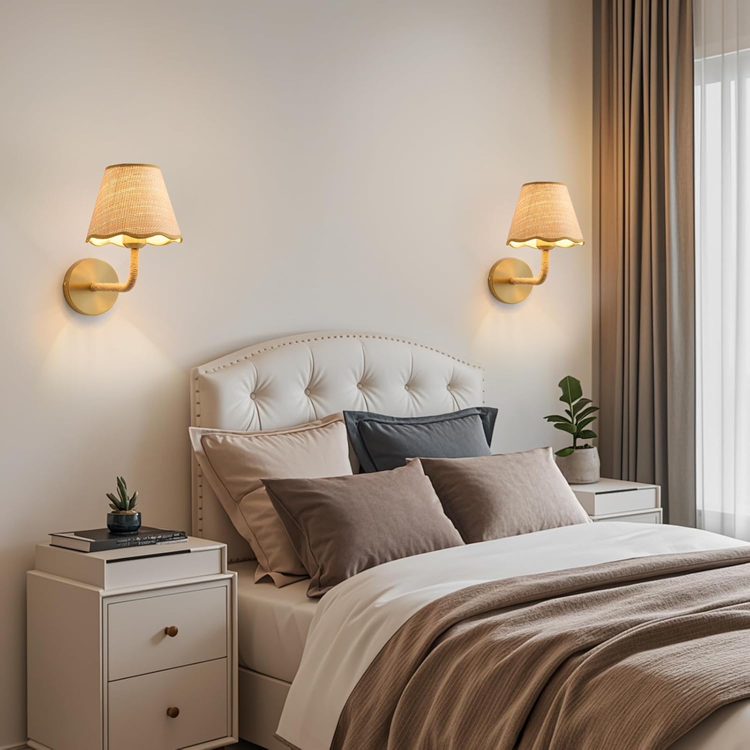Battery Operated Rattan Wall Sconces Set of Tow, Wireless Rechargeable Battery Powered Wall Light with Grass-Woven Lampshade for Bedroom Living Room Hallway Porch(E26 Bulb Included)