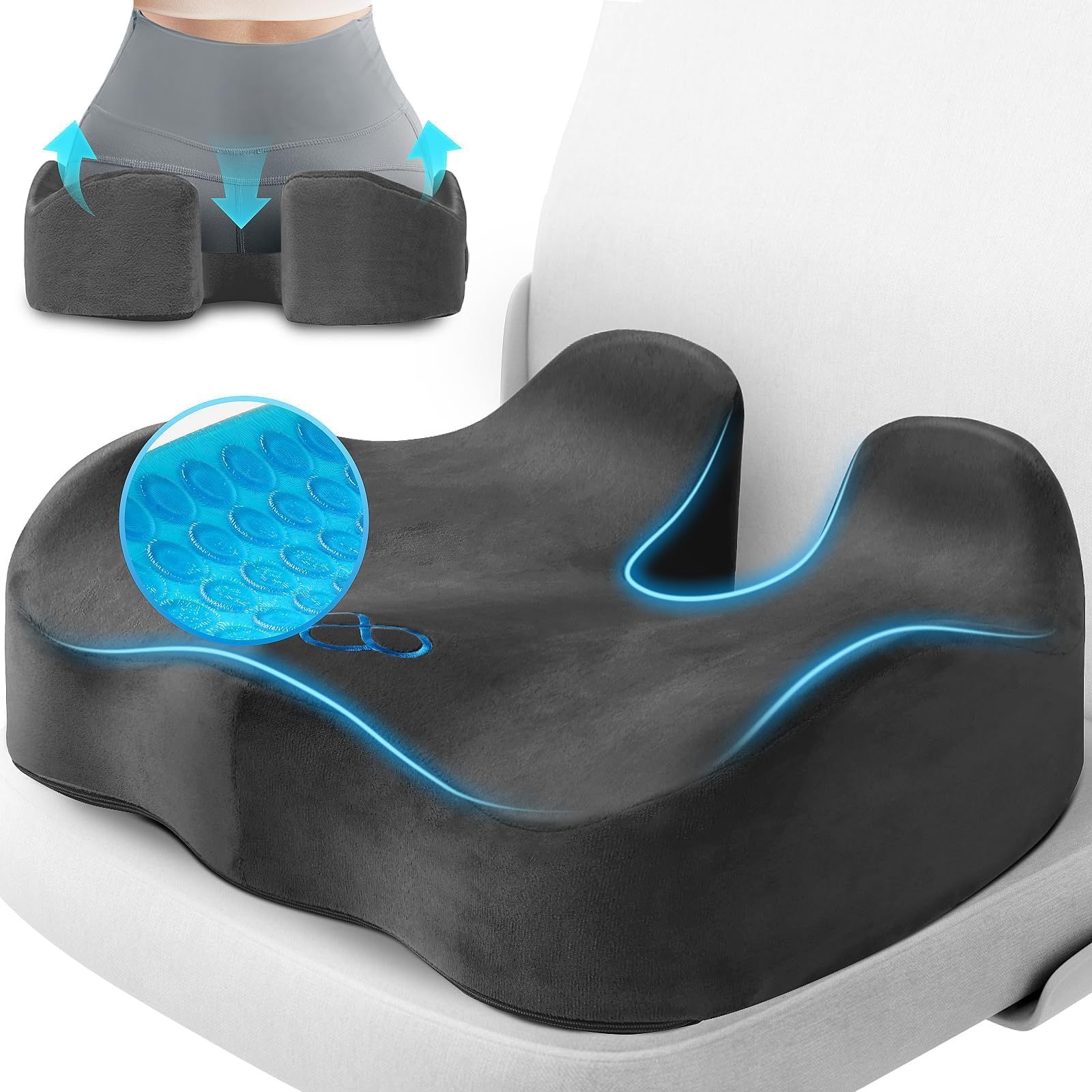 CushyOasis Seat Cushion, Gel Chair Cushions, Office Chair Cushions, Anti-Slip Bottom & Removable Cover Tailbone Pain Relief Cushion, Memory Foam Seat Cushion for Office, Wheelchair, Car (Black)