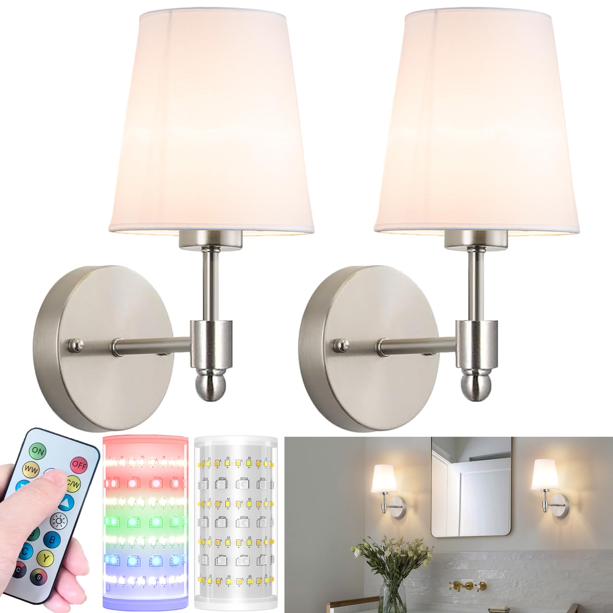 Nekhung Battery Operated Wall Sconces Set of Two, Wireless Battery Wall Light with 10000mAh RGB Dimmable Magnetic Bulb and Remote, Rechargeable Sconce Wall Decor for Bedroom Living Room Hallway