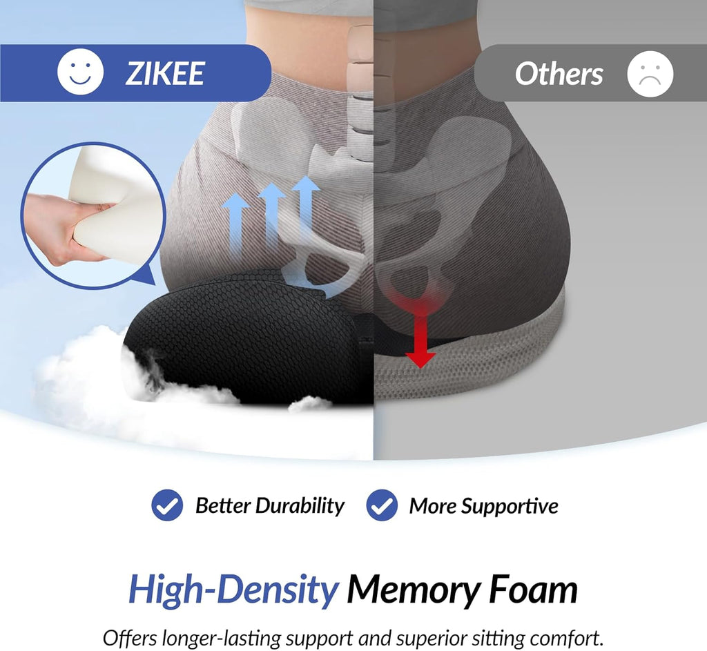 ZIKEE Ergonomic Seat Cushion with Thigh Slope for Long Sitting, Memory Foam Office Chair Cushion for Car, Home, Plane, U-Shaped Design Relieves Hip, Tailbone Pain, Non-Slip Sciatica Pain Relief Pillow