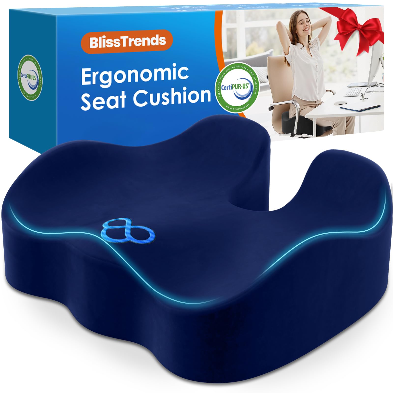 BlissTrends Seat Cushion with Velvet Cover, Thick Memory Foam Cushions for Office Chair, Car Seat, Airplane, Relieving Pressure Tailbone Sciatica Back Pain for Long Sitting, Car Drivers 4.7in Black