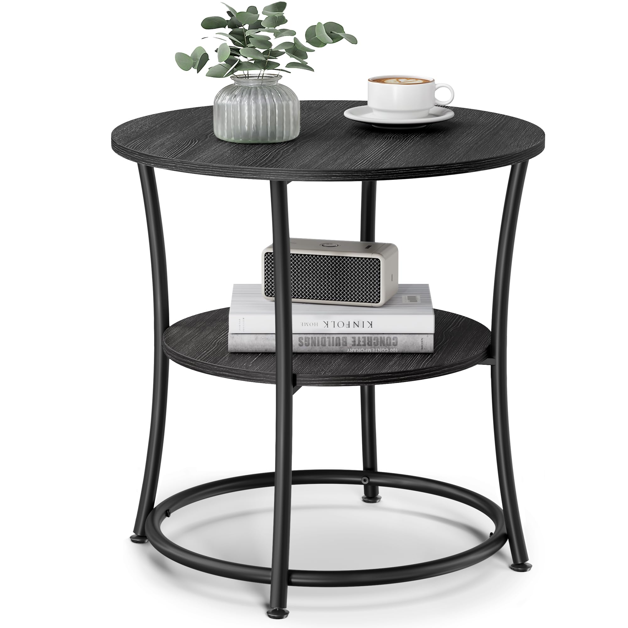 VASAGLE 21.7-Inch Round Side Table, 2-Tier End Table, Nightstand with Steel Frame, Spacious Top, for Small Spaces, Living Room, Bedroom, Heather Greige and Ink Black ULET56BG | 2 Storage Shelves, Living Room, Bedroom, Nightstand, Small Spaces, Accent Coff