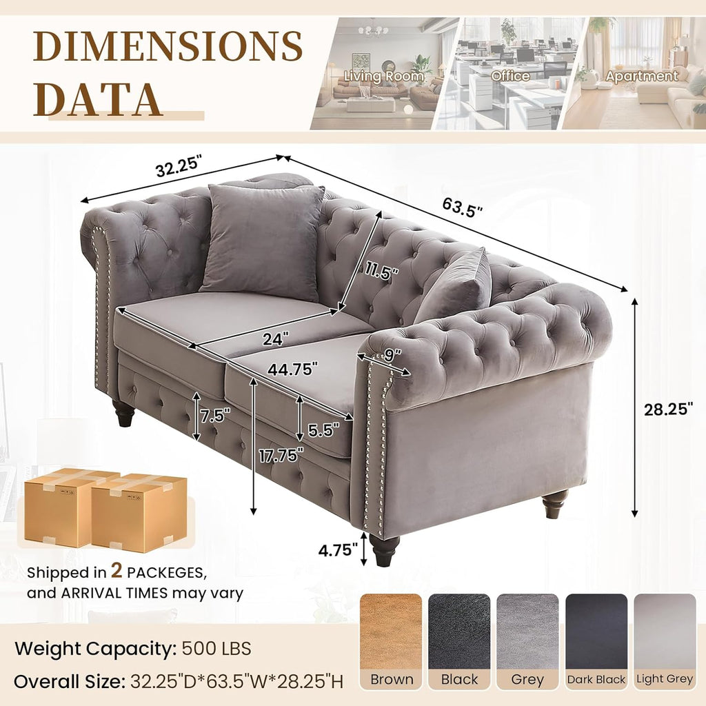 Mid Century Modern Loveseat Sofa, 63.5"W Velvet Fabric Button Tufted Small Couch with Nailhead Trim & Roll Armrest, Upholstered Comfy Chesterfield Sofa for Living Room, Office(2 Seater, Light Grey)