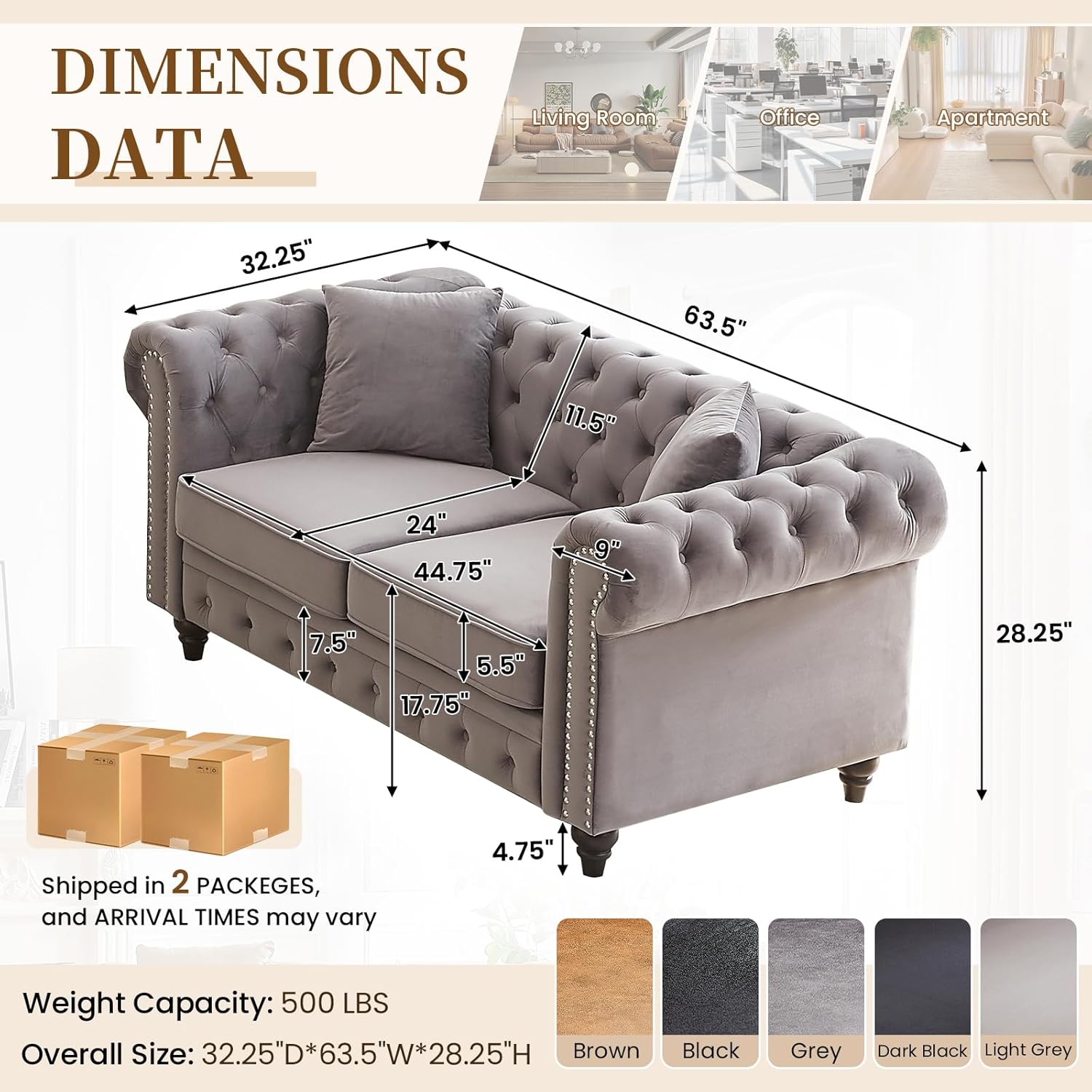 Mid Century Modern Loveseat Sofa, 63.5"W Velvet Fabric Button Tufted Small Couch with Nailhead Trim & Roll Armrest, Upholstered Comfy Chesterfield Sofa for Living Room, Office(2 Seater, Light Grey)