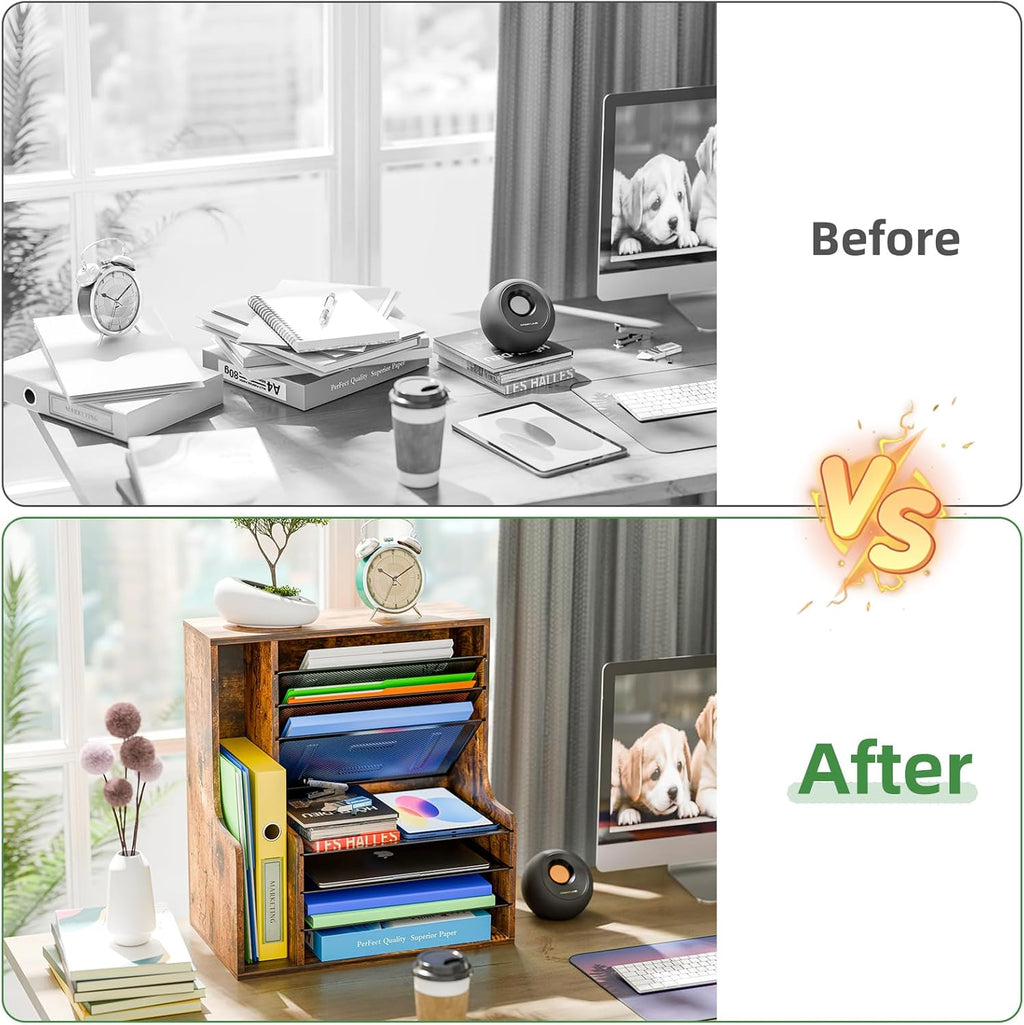 Simple Trending 7 Tier Desk File Organizer, Wooden Letter Tray Paper Organizer with Adjustable File Holder, Mesh Desktop Organizer and Storage for Office Supplies