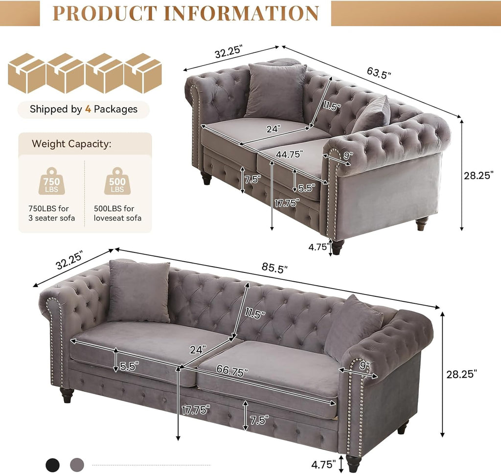 Modern Chesterfield Sofa Set for Living Room, 2 Piece Velvet Fabric Furniture Sets 3 Seater Couch&Loveseat Sofa with Rolled Arms and Tufted Button, Office, Light Grey