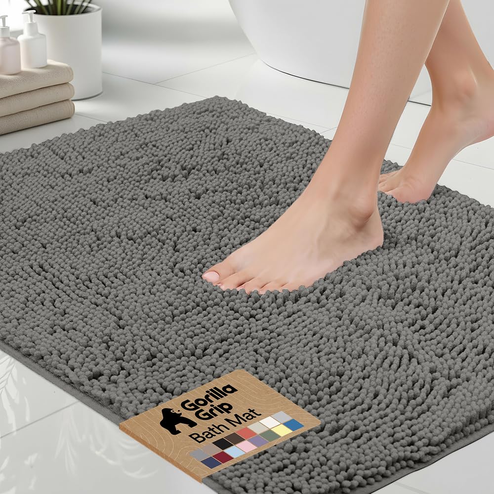 GORILLA GRIP Bath Rug Mat, Thick Soft Absorbent Chenille, Quick Dry Microfiber Mats, Rubber Backing Washable Shower Floor Rugs, US Designed Bathroom Bathmat Home Decor Accessories, 24x17, Grey