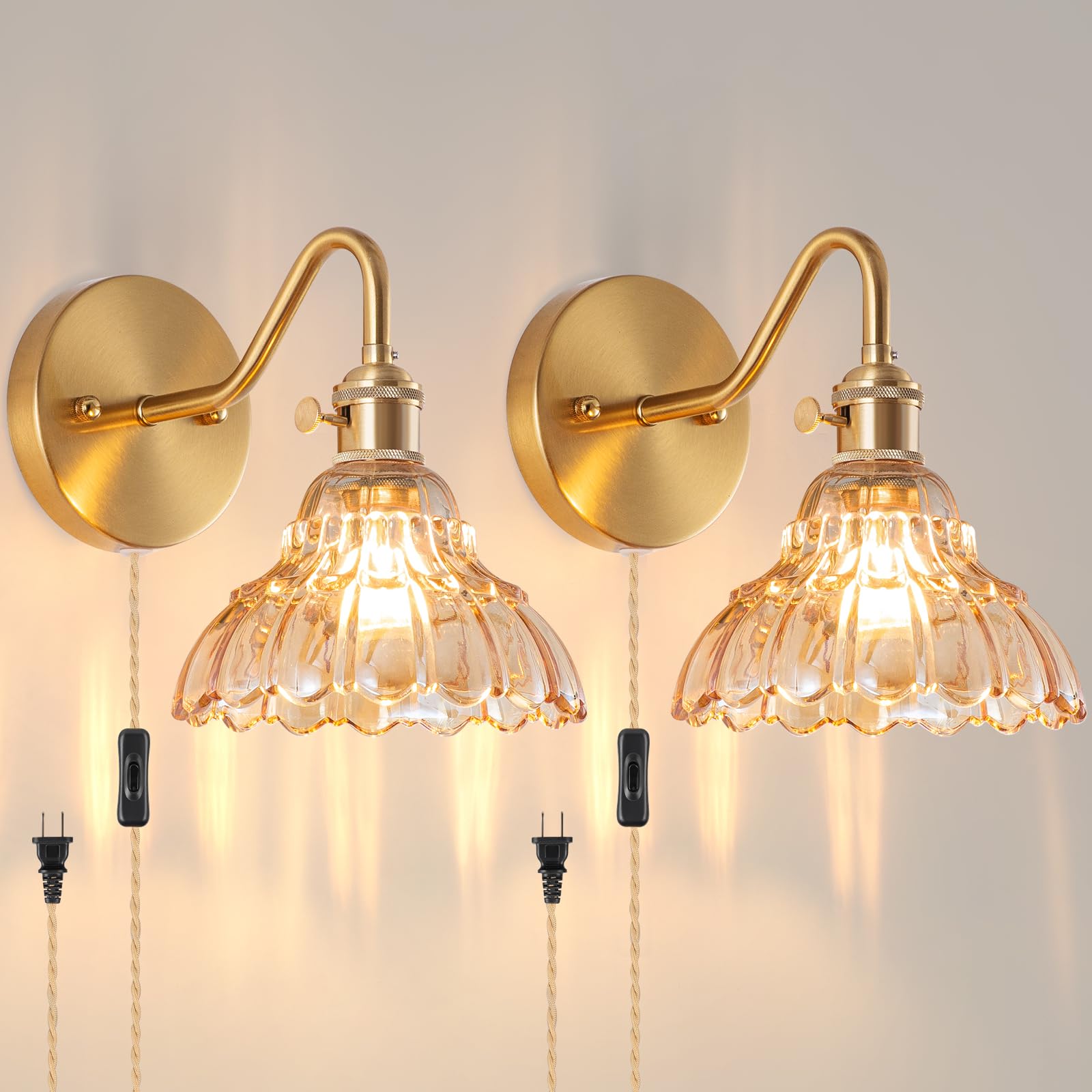 Vintage Battery Operated Wall Sconces Set Of Two, Indoor not Hardwired Brass Green Glass Lampshade Fixtures,Rechargeable Wireless RGB Wall Lights with Dimmable Remote Control,for Bedroom Living Room