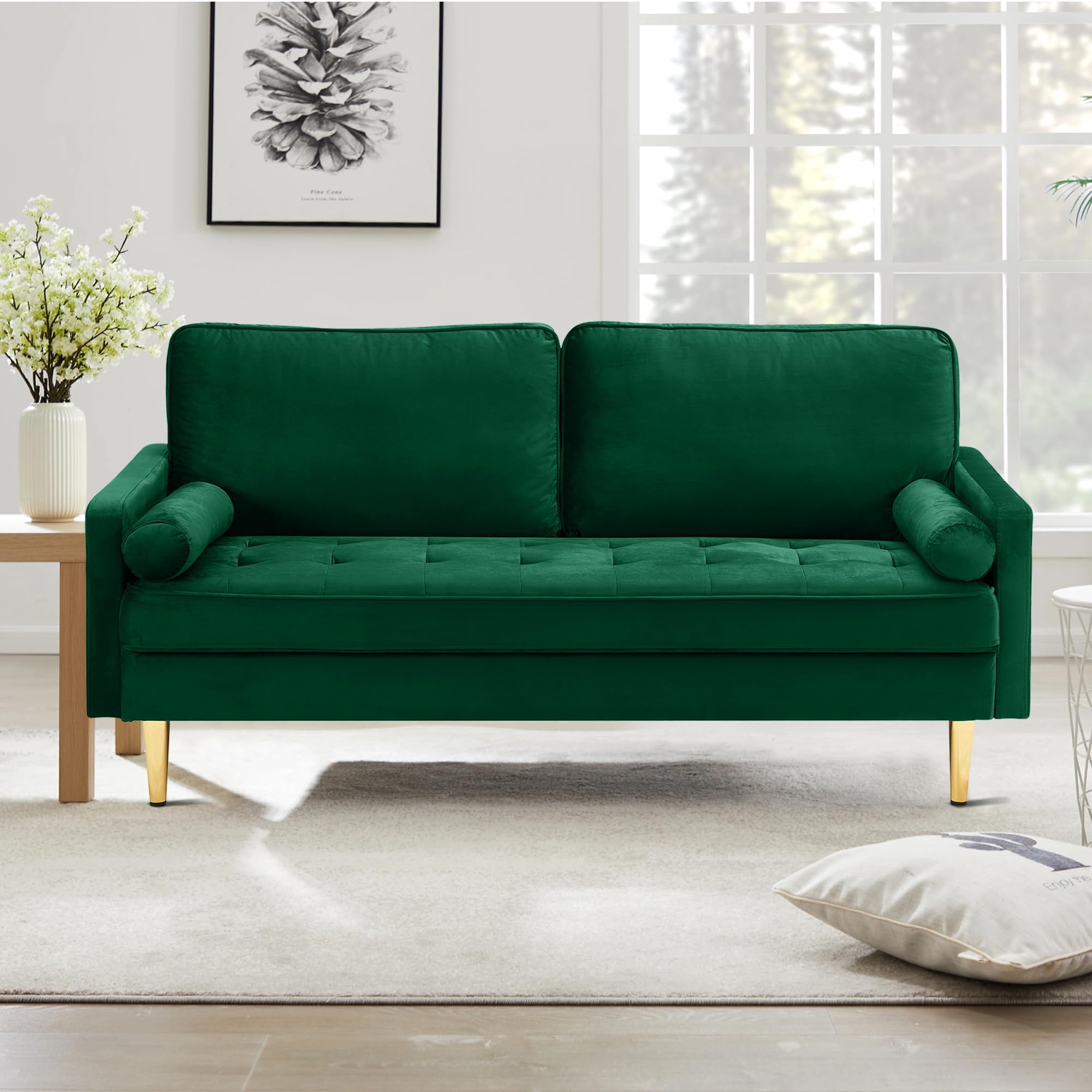 67" Modern Velvet Loveseat Sofa Couch, Mid-Century Tufted Upholstered Small Love Seat Couch with 2 Pillows & 4 Golden Legs, 2-Seats Couches for Compact Space, Living Room, Apartment (Black)