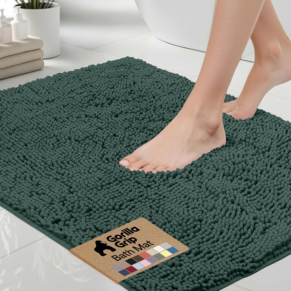 GORILLA GRIP Bath Rug Mat, Thick Soft Absorbent Chenille, Quick Dry Microfiber Mats, Rubber Backing Washable Shower Floor Rugs, US Designed Bathroom Bathmat Home Decor Accessories, 24x17, Grey