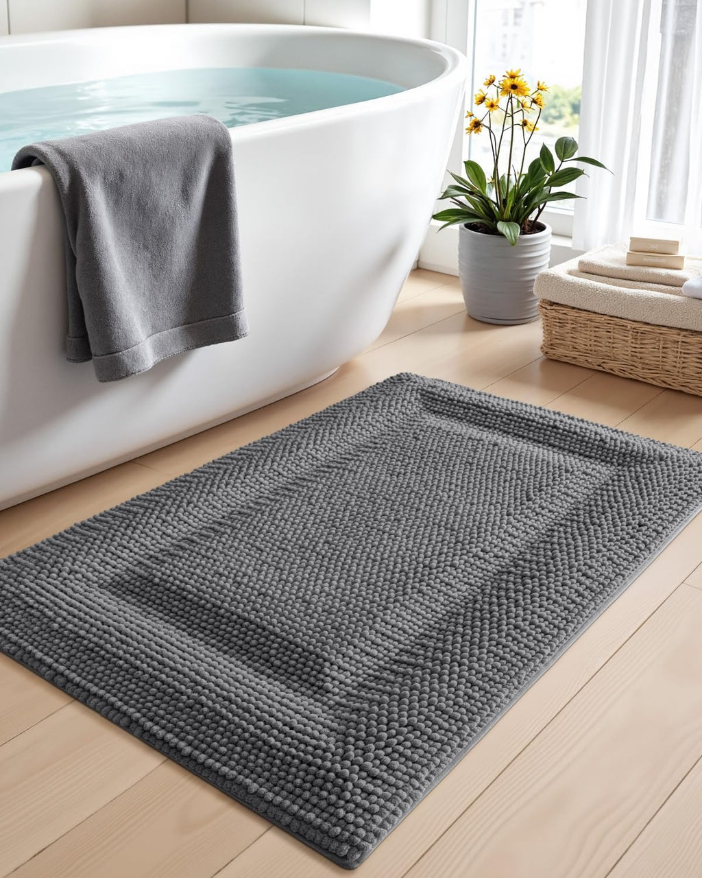 DEXI Bath Mats for Bathroom 16x24, Non Slip Washable Bathroom Rug, Thick Soft Chenille Absorbent Bathmat for Shower Floor, Fluffy Shaggy Carpet for Tub, Grey