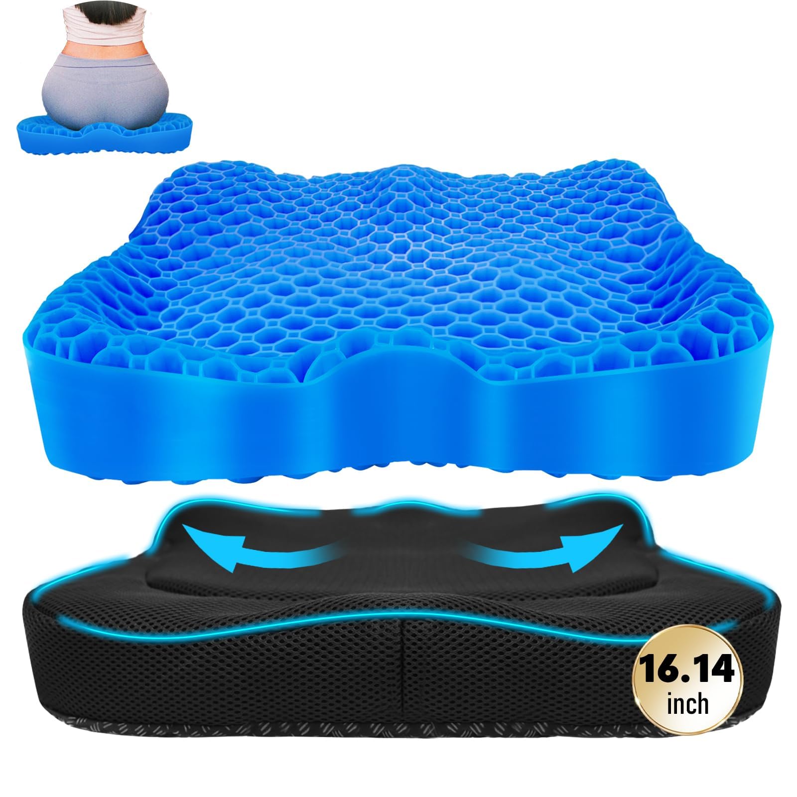Cooling Gel Seat Cushion, Thickened Big Breathable Honeycomb Design Absorbs Pressure Points Gel Cushion with Anti-Slip Cover Cooling Seat Cushion for Office Chair Home Car Seat Cushion for Wheelchair