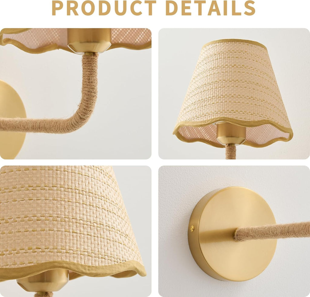 Battery Operated Rattan Wall Sconces Set of Tow, Wireless Rechargeable Battery Powered Wall Light with Grass-Woven Lampshade for Bedroom Living Room Hallway Porch(E26 Bulb Included)