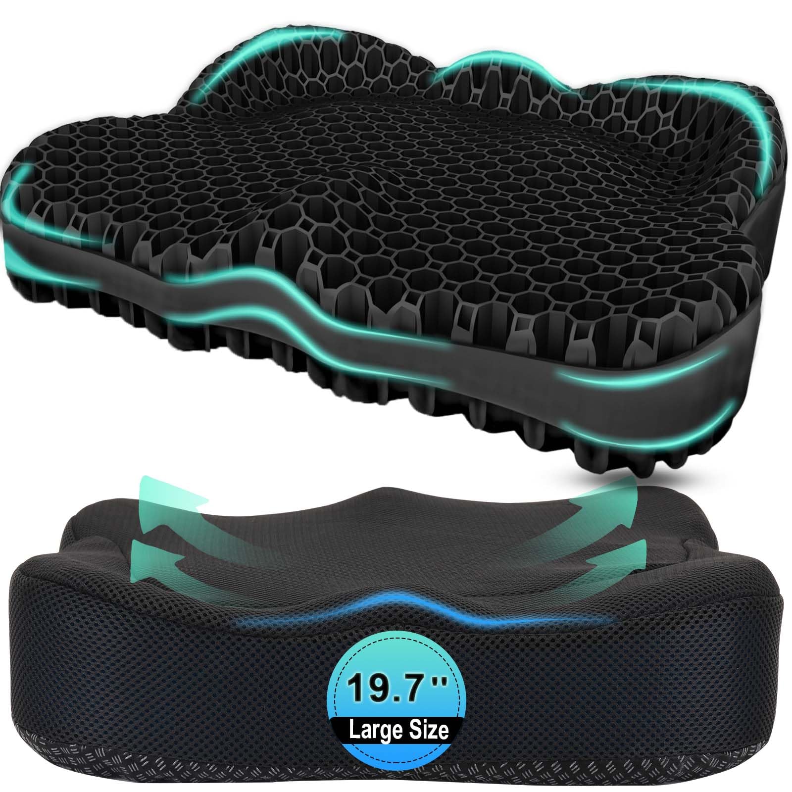 Thicken 19.7in Seat Cushion, Gel Seat Cushion for Long Sitting–Office Chair, Wheelchair, Car Pad, Large Cooling Support Pad for Back Pain, Sciatica, Tailbone Pain Relief