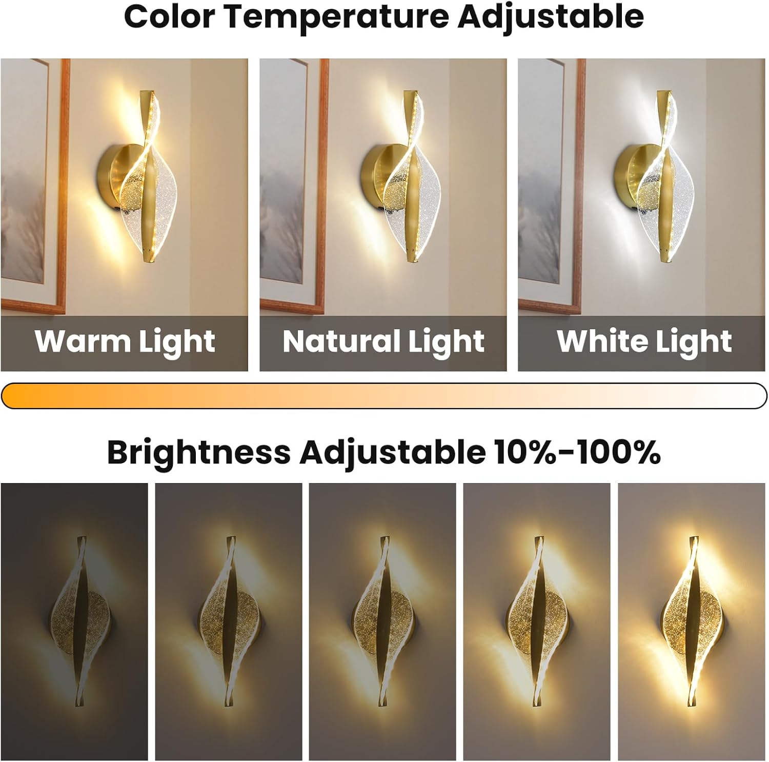 LED Wall Sconces Set of Two Battery Operated, 5000mAh USB Rechargeable Gold Acrylic Wall Lights with Remote, Dimmable Wireless Wall Lamp for Living Room, Bedroom, Hallway,11.8 Inch