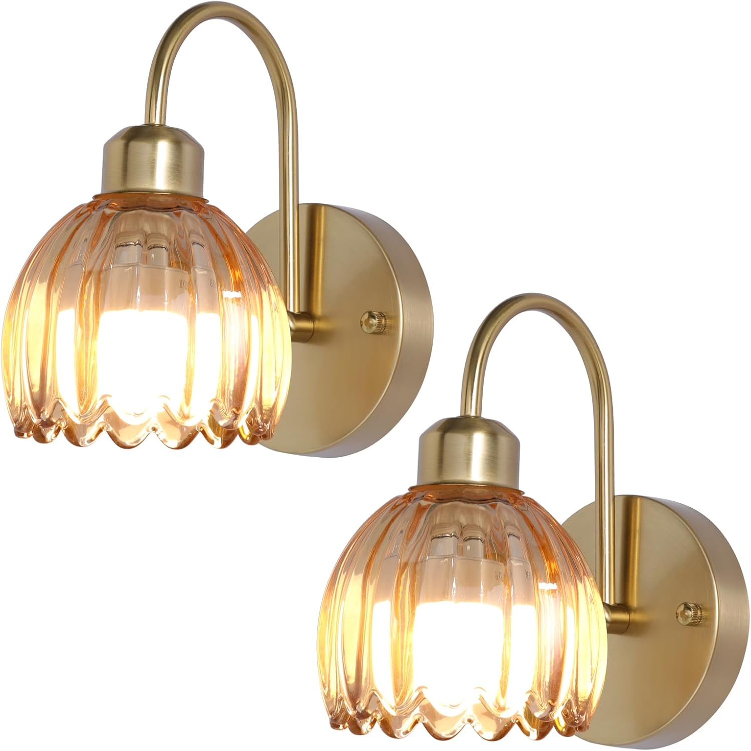 Vintage Battery Operated Wall Sconces Set of Two, Tulip Glass Lampshade Rechargeable Wall Lights, LED 15 Colors Gold Wall Lamp for Bedroom Bedside Doorway
