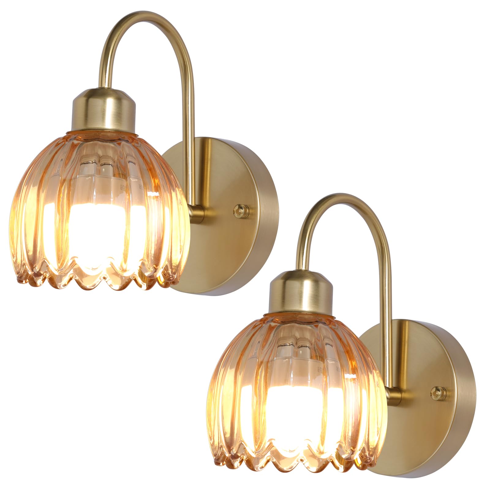 Vintage Battery Operated Wall Sconces Set of Two, Tulip Glass Lampshade Rechargeable Wall Lights, LED 15 Colors Gold Wall Lamp for Bedroom Bedside Doorway