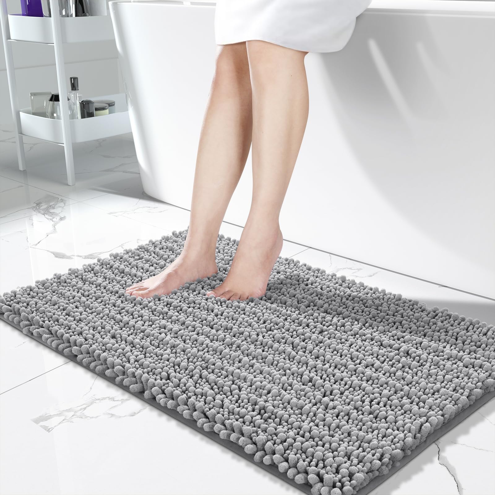 Yimobra Bathroom Rugs Non Slip Washable - Ultra Soft Absorbent Chenille Bath Mat, Quick Dry Shaggy Floor Carpet for Tub Shower, Gray Home Decor Accessories, 24x17 Inch