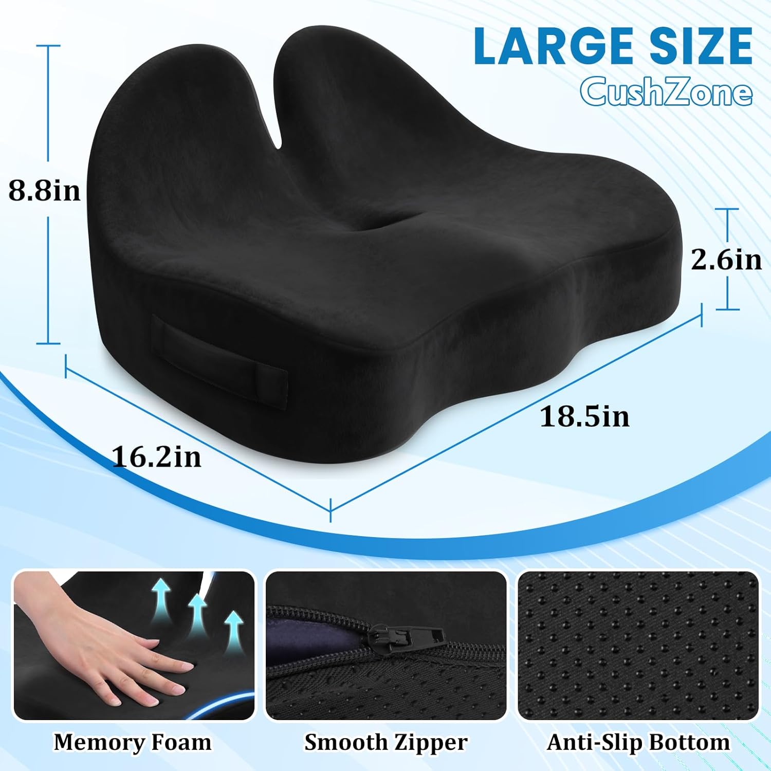 CushZone Seat Cushion, Ergonomic Memory Foam Seat Cushions for Office Chairs, Car, Long Trip, Desk Chair, Lab, Extra Large Size for Sciatica & Hip & Tailbone Pain Relief, Sciatica Support (Black)