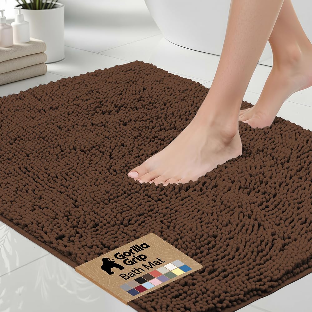 GORILLA GRIP Bath Rug Mat, Thick Soft Absorbent Chenille, Quick Dry Microfiber Mats, Rubber Backing Washable Shower Floor Rugs, US Designed Bathroom Bathmat Home Decor Accessories, 24x17, Grey