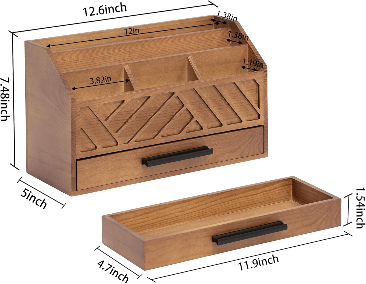 dreampossible Brown Wood Desk Organizer and Accessories with Drawer, Bill Mail Organizer and File Mail Holder for Office Supplies, Modern Desk Accessories & Workspace Organizers for Desk Organization