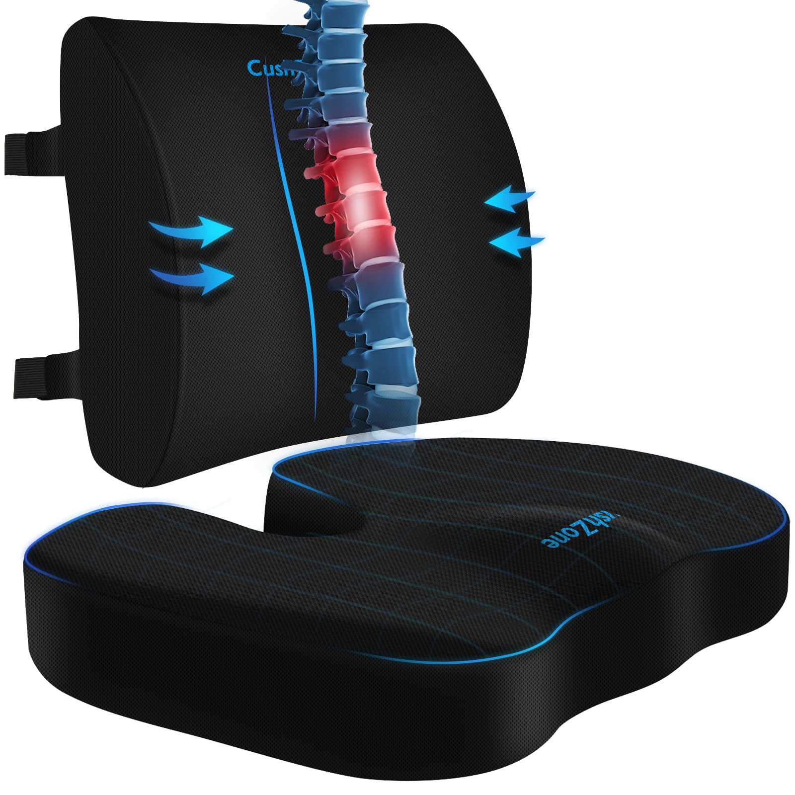 CushZone Ergonomic Seat Cushion & Lumbar Support Pillow - Memory Foam for Sciatica Pain Relief & Posture Correction, Non-Slip Chair Cushions for Office Chair/Car/Wheelchair/Travel (Black)