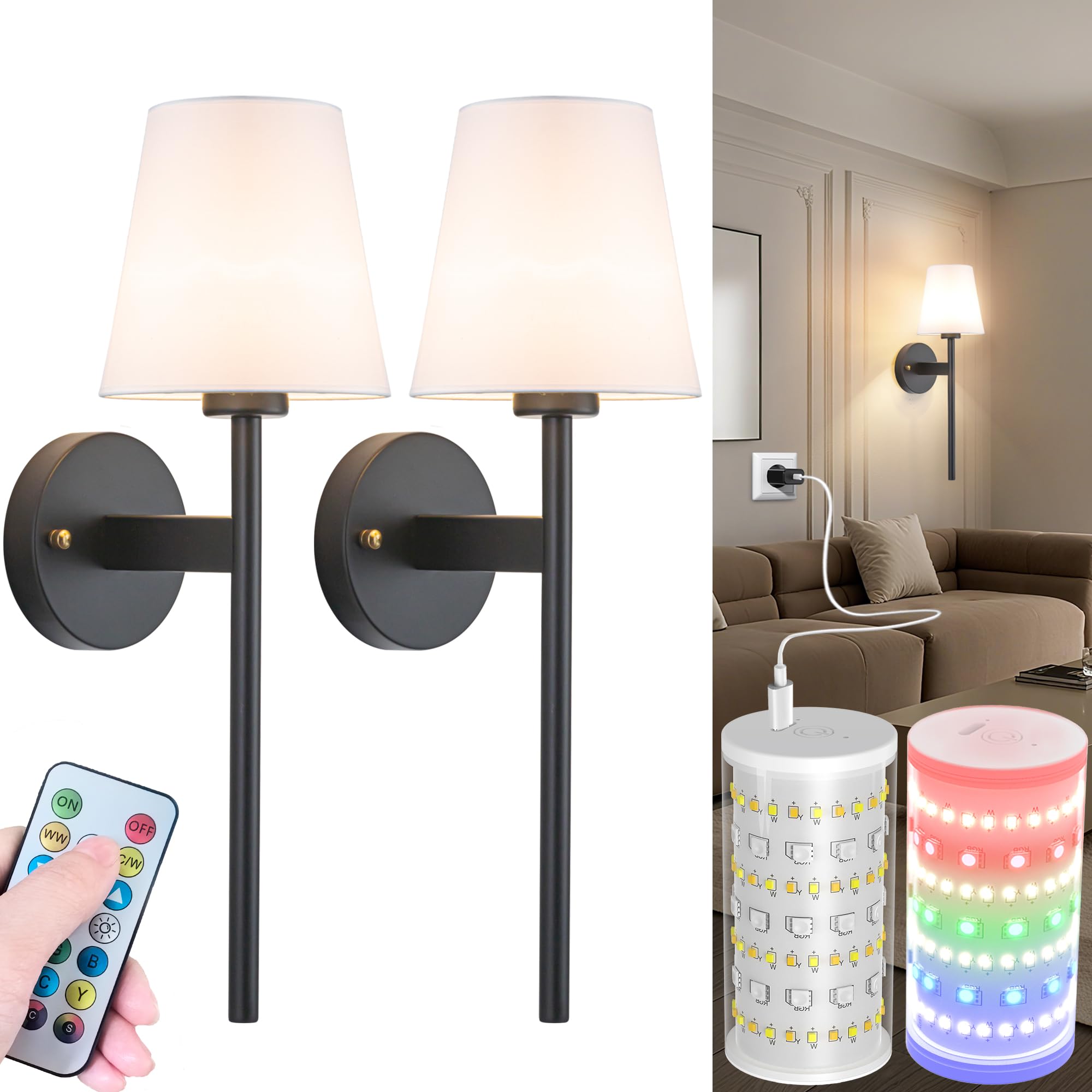 Nekhung Battery Operated Wall Sconces Set of Two, Wireless Battery Wall Light with 10000mAh RGB Dimmable Magnetic Bulb and Remote, Rechargeable Sconce Wall Decor for Bedroom Living Room Hallway