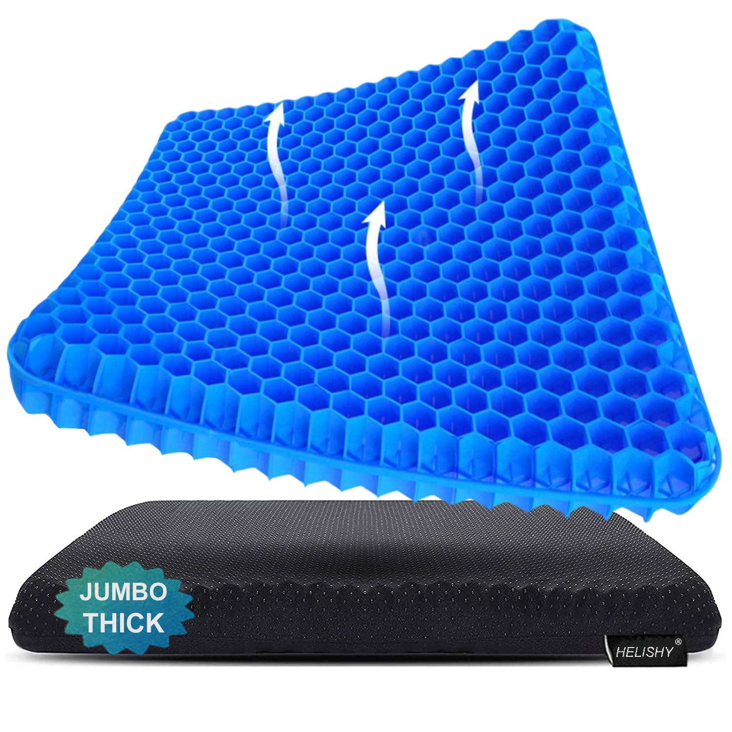 Gel Seat Cushion, Jumbo&Thick Gel Cushion with Non-Slip Cover for Home Office Car Seat Wheelchair, Soft Breathable Honeycomb Chair Pads for Relieve Hip Pain, Black 20x20x1.9inch
