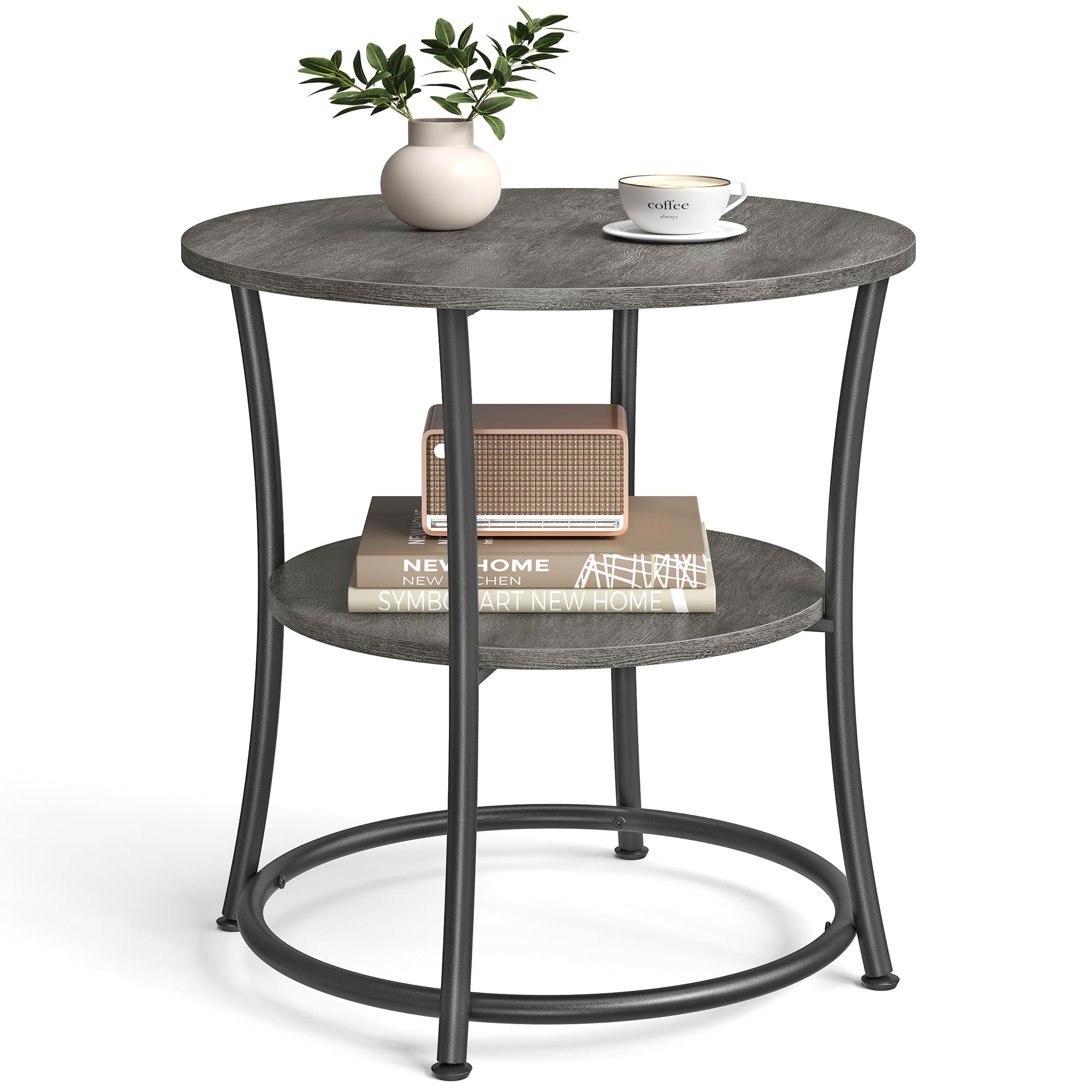 VASAGLE 21.7-Inch Round Side Table, 2-Tier End Table, Nightstand with Steel Frame, Spacious Top, for Small Spaces, Living Room, Bedroom, Heather Greige and Ink Black ULET56BG | 2 Storage Shelves, Living Room, Bedroom, Nightstand, Small Spaces, Accent Coff