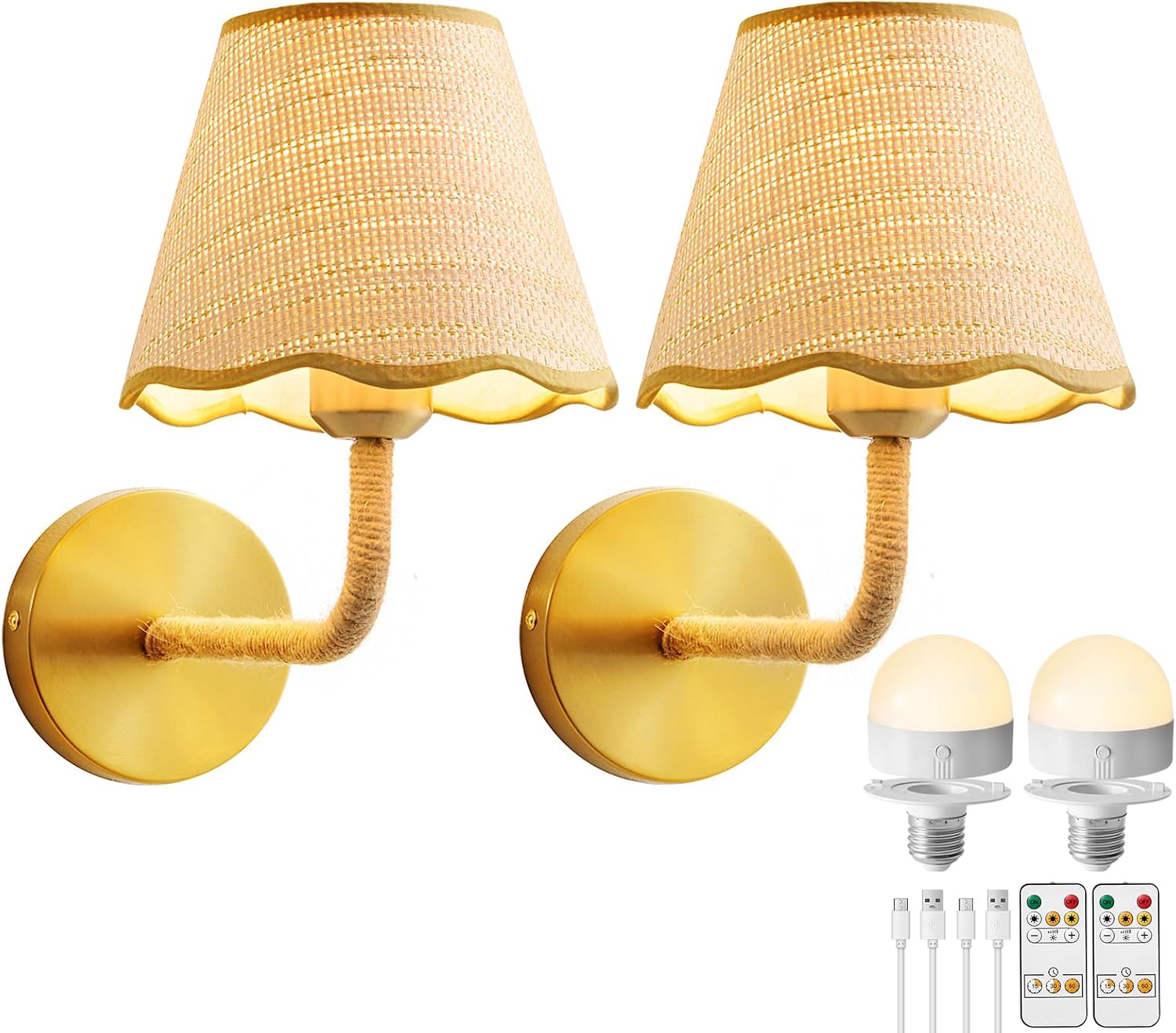 Battery Operated Rattan Wall Sconces Set of Tow, Wireless Rechargeable Battery Powered Wall Light with Grass-Woven Lampshade for Bedroom Living Room Hallway Porch(E26 Bulb Included)