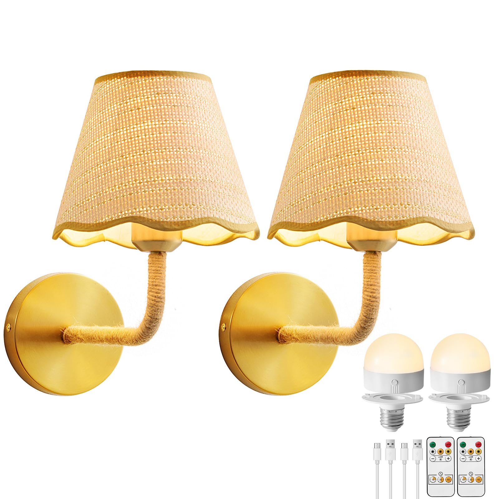 Battery Operated Rattan Wall Sconces Set of Tow, Wireless Rechargeable Battery Powered Wall Light with Grass-Woven Lampshade for Bedroom Living Room Hallway Porch(E26 Bulb Included)
