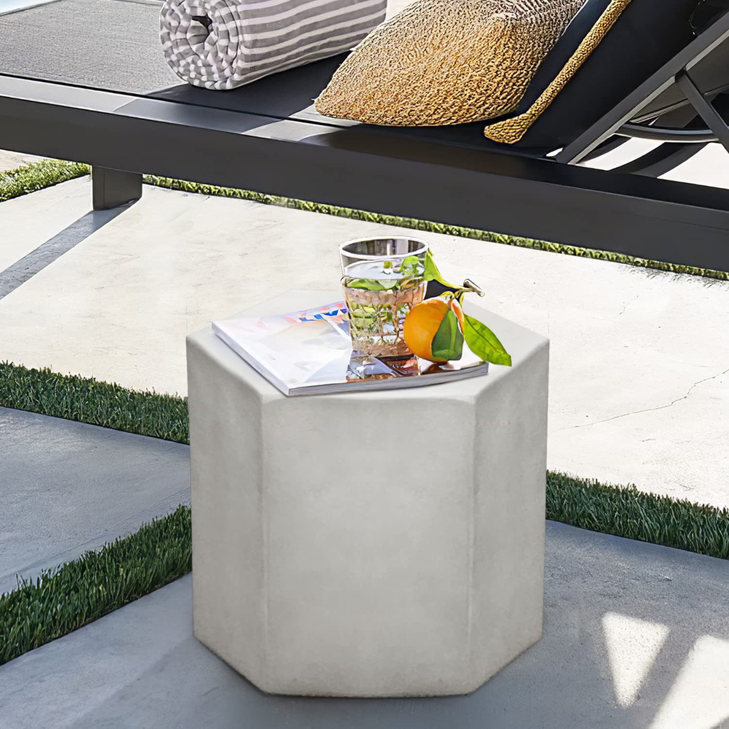 COSIEST Concrete Accent Table, Hexagon Patio Side Table 14.5''Wx16''H, Modular Design Indoor Outdoor End Table, Light Grey