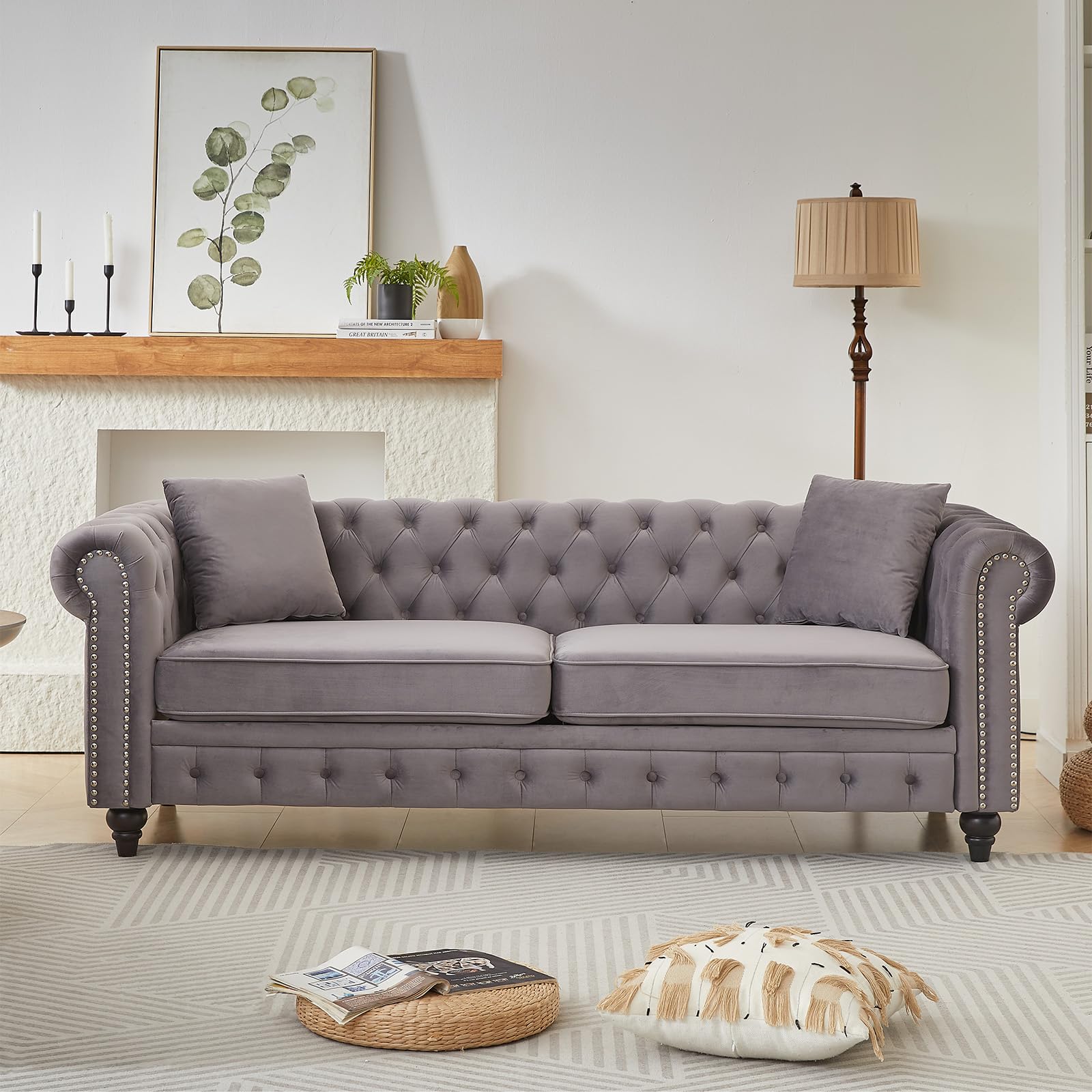 Modern Chesterfield Sofa Couch, 63.5-inch Velvet Fabric Loveseat Sofa with Rolled Arms and Tufted Button for Living Room, Office, Light Grey