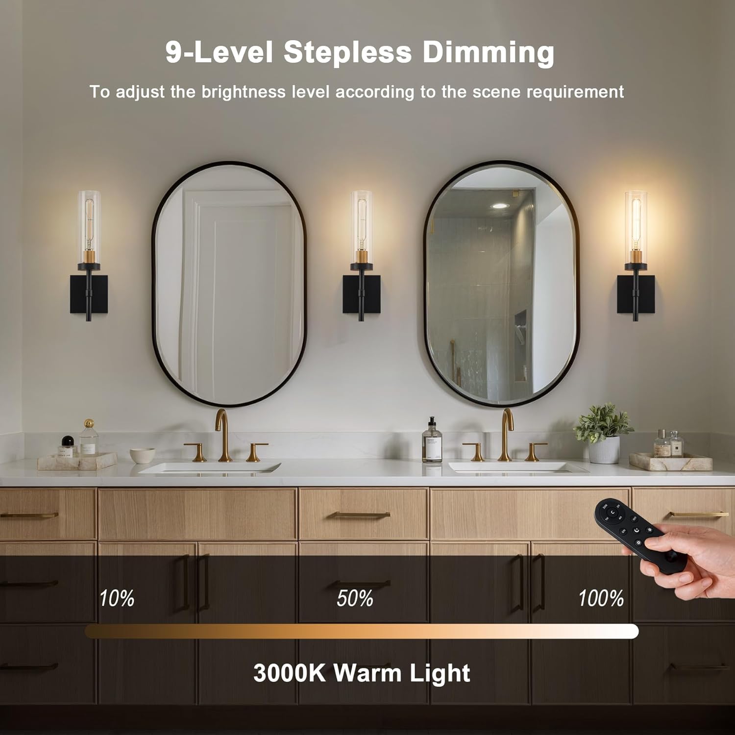 Wireless Wall Sconces with Remote Control, Battery Operated Wall Sconce Set of 2, Black & Gold Rechargeable Dimmable Wall Light for Bedroom Living room Bathroom Hallway Entryway Stairwell, 3000K