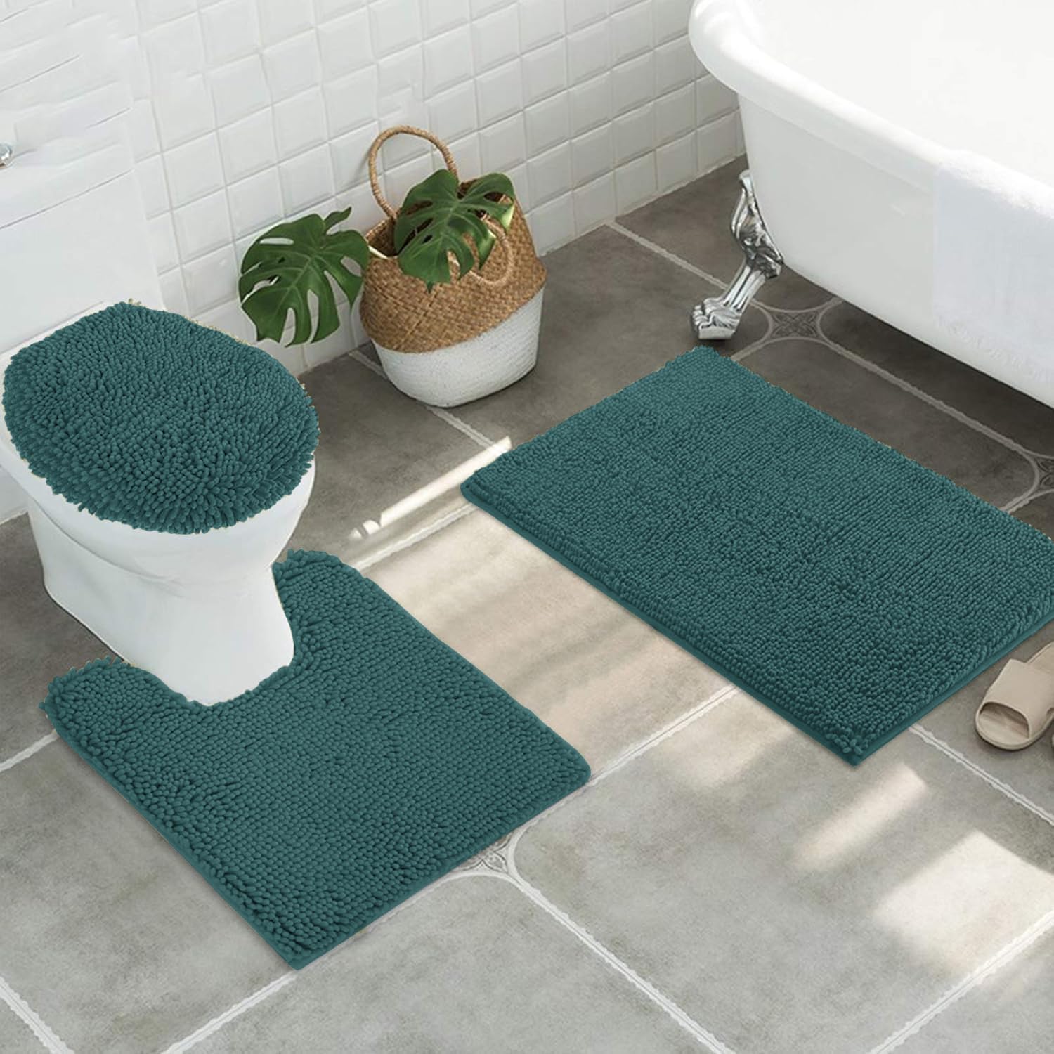 MAYSHINE Round Area Rug Set for Bathroom | Soft Plush Chenille Bath Mat, Water Absorbent Non-Slip Bathroom Rug | Washable Shag Carpet for Shower, Bedroom, or Home Décor | 36"x36" (Round) | White