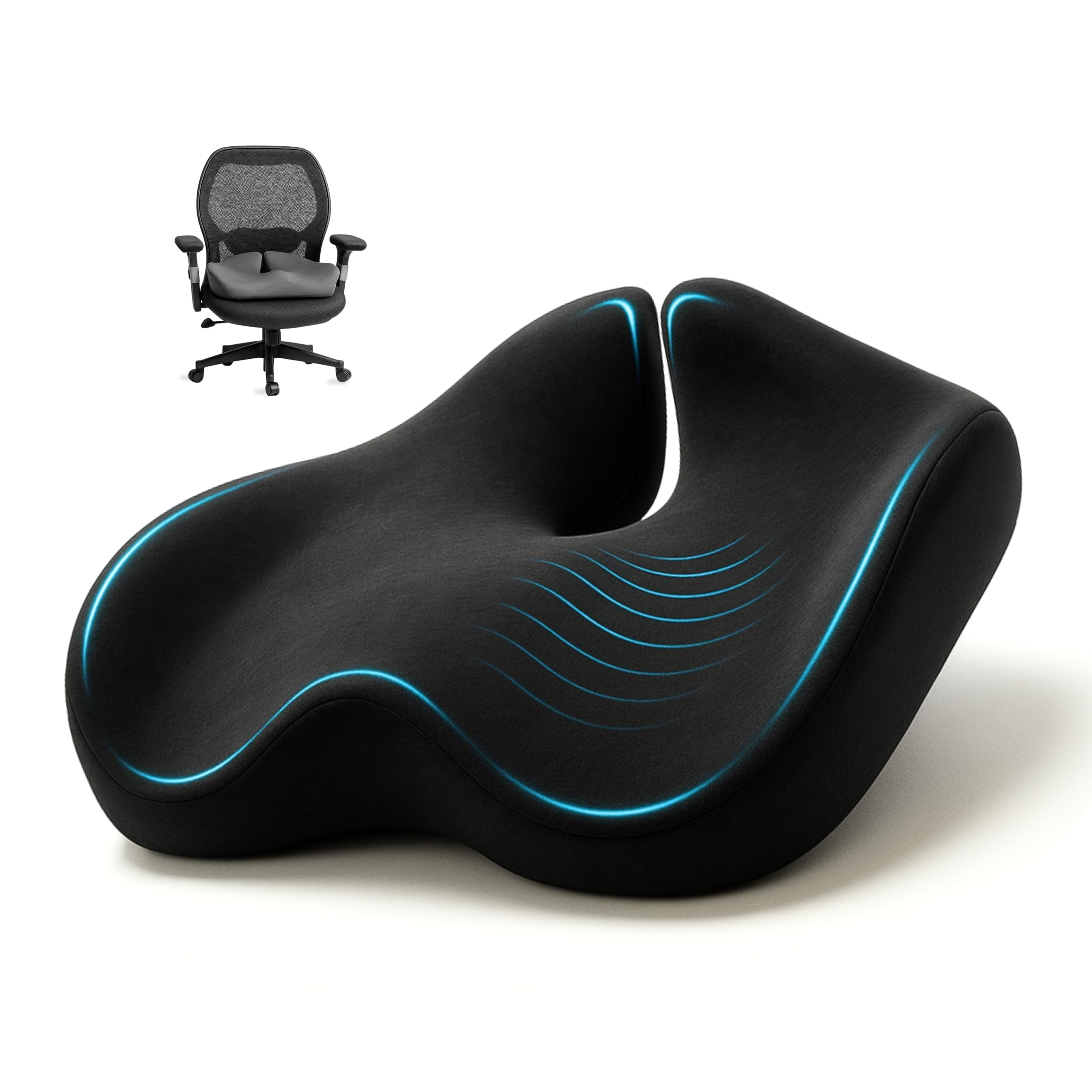 Extra Large Memory Foam Seat Cushions for Office Chairs, Pressure Relief Seat Cushion for Tailbone Pain Relief, Sciatica & Back Pain, Ergonomic Office Chair Cushion for Long Sitting & Driving (Black)