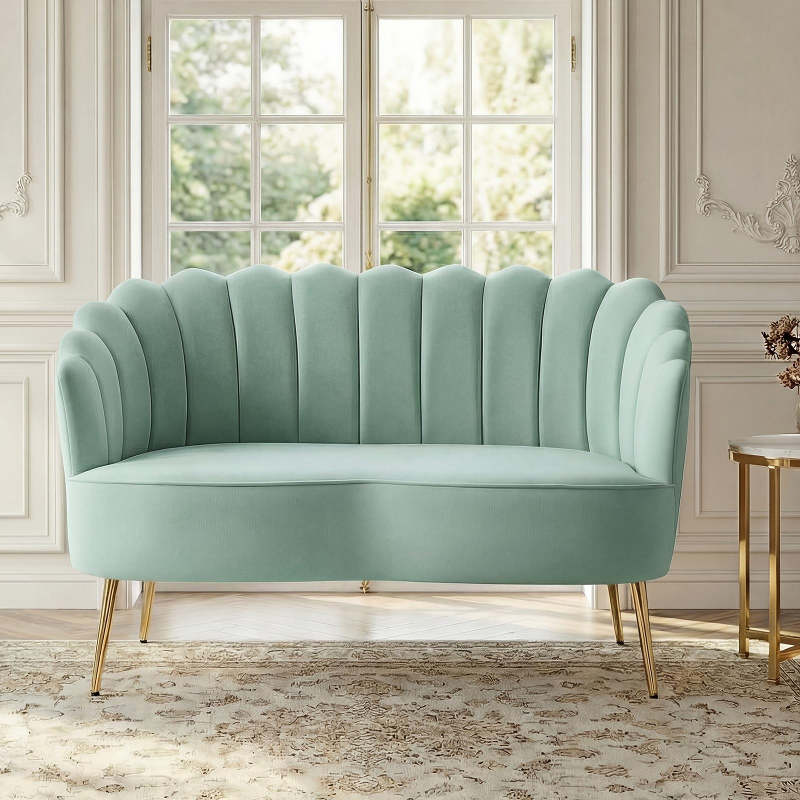 Velvet Upholstered Loveseat Sofa with Gold Metal Legs, Modern Comfy Small Love Seat with Flower Shaped Back, 2-Seater Sofa Accent Couch for Living Bedroom Leisure Areas
