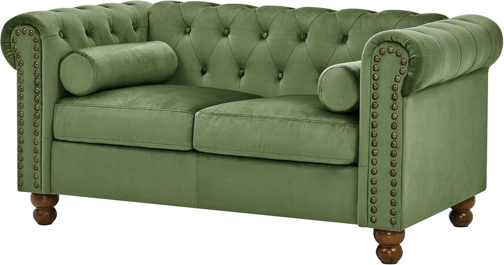 Velvet Loveseat Couch, Rolled Arm 2-Seater Tufted Sofa with Nailhead Trim and 2 Neck Roll Pillows, Living Room Small Apartment Office Décor Green