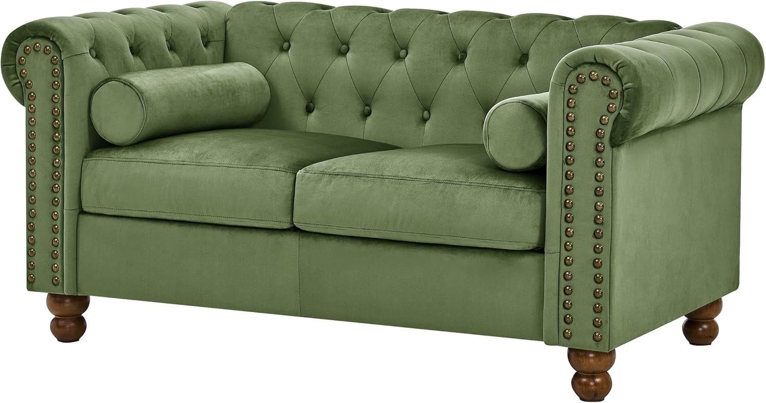 Velvet Loveseat Couch, Rolled Arm 2-Seater Tufted Sofa with Nailhead Trim and 2 Neck Roll Pillows, Living Room Small Apartment Office Décor Green
