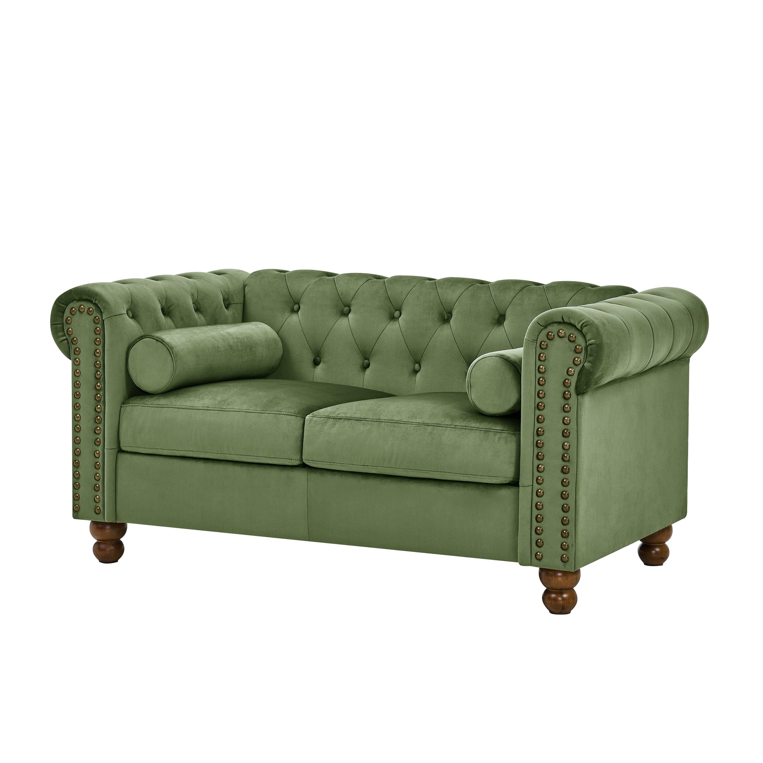 Velvet Loveseat Couch, Rolled Arm 2-Seater Tufted Sofa with Nailhead Trim and 2 Neck Roll Pillows, Living Room Small Apartment Office Décor Green