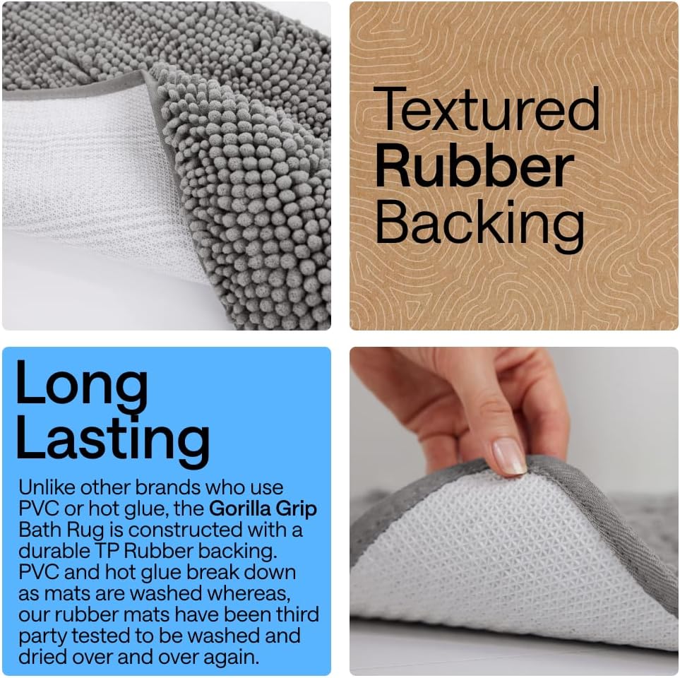 GORILLA GRIP Bath Rug Mat, Thick Soft Absorbent Chenille, Quick Dry Microfiber Mats, Rubber Backing Washable Shower Floor Rugs, US Designed Bathroom Bathmat Home Decor Accessories, 24x17, Grey