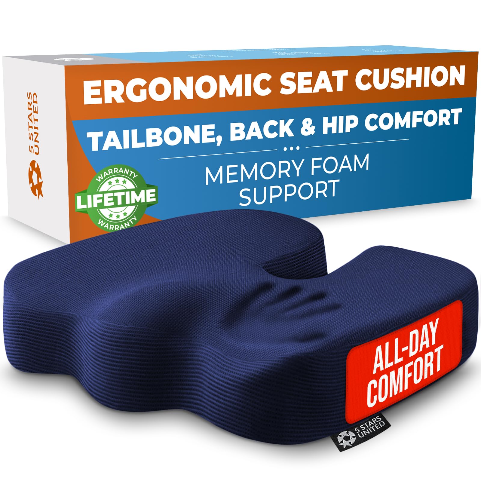 5 STARS UNITED Seat Cushion - Memory Foam Chair Cushion for Tailbone Pain Relief - Ergonomic Support for Coccyx, Sciatica & Butt - Office, Desk & Gaming Chair, Car Seat, Wheelchair, Airplane, Black