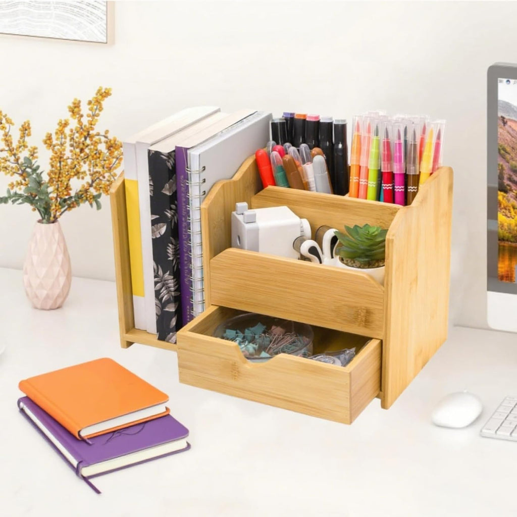 ZAVOOS Bamboo Desk Organizer, Multi Use Tabletop Storage Office Supplies with Drawer Pen Holder, 5 Compartments Heavy Duty Desk Accessories for Home Office Organization, No Assembly Required