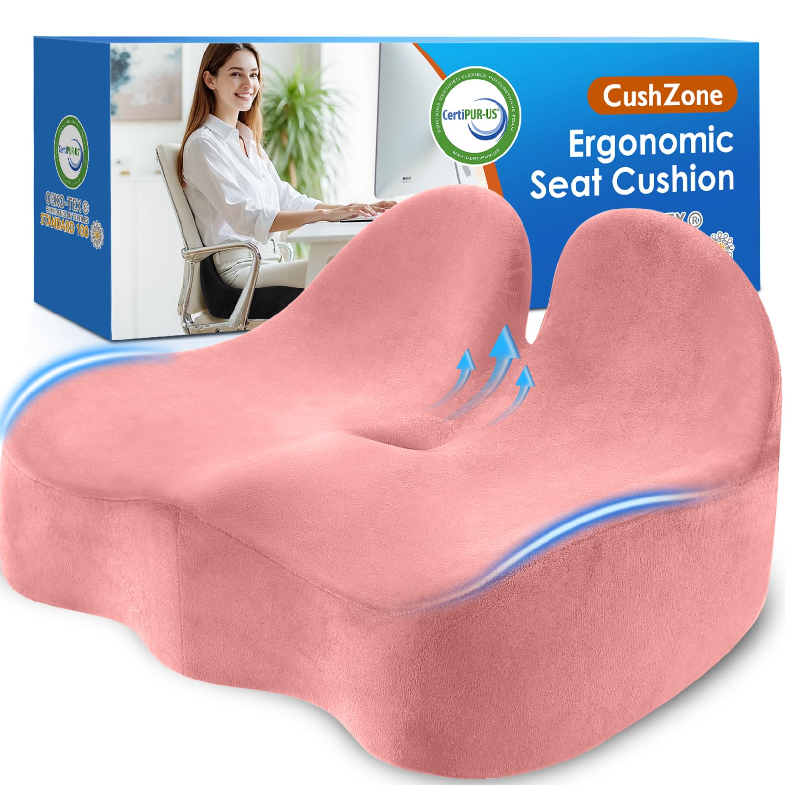 CushZone Seat Cushion, Ergonomic Memory Foam Seat Cushions for Office Chairs, Car, Long Trip, Desk Chair, Lab, Extra Large Size for Sciatica & Hip & Tailbone Pain Relief, Sciatica Support (Black)