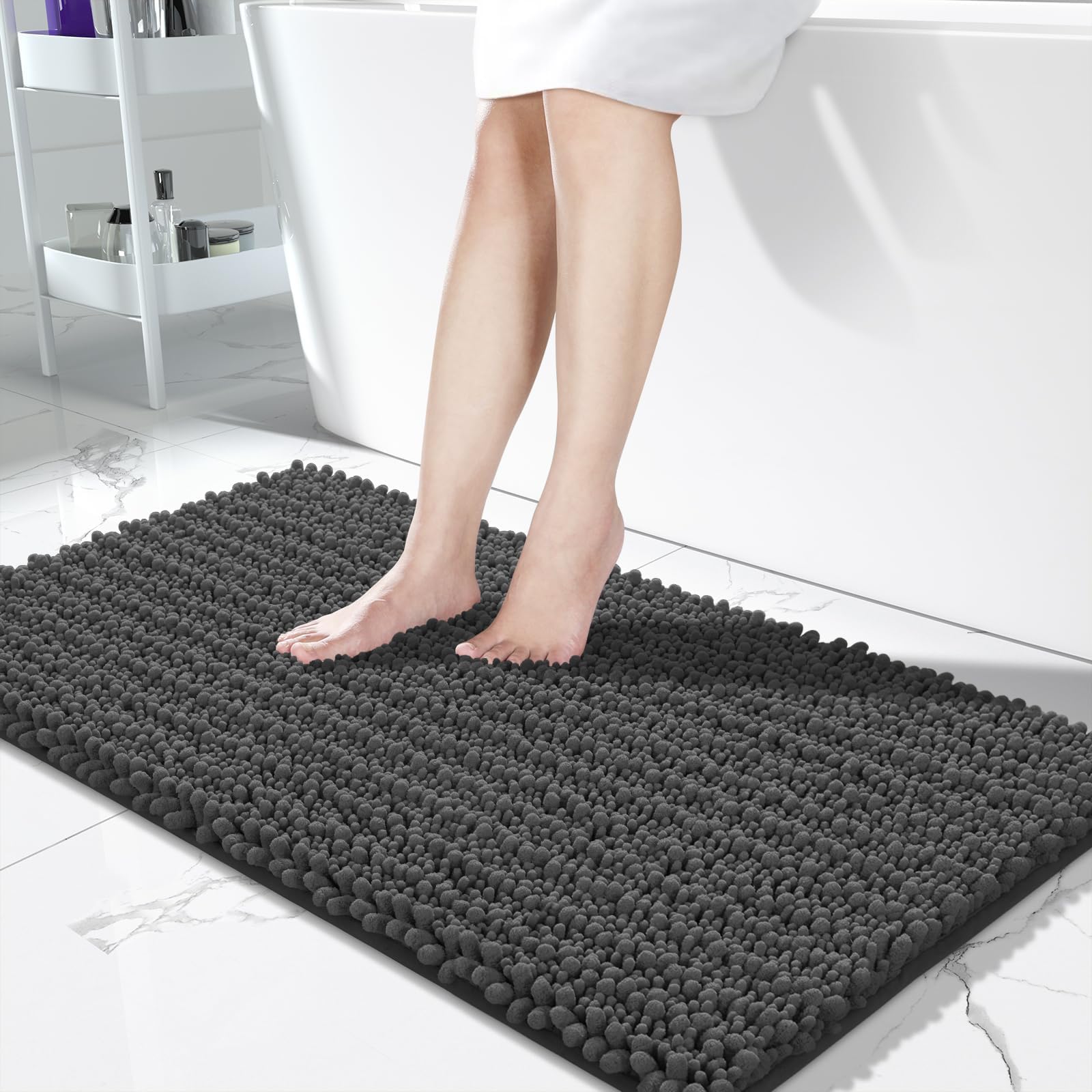 Yimobra Bathroom Rugs Non Slip Washable - Ultra Soft Absorbent Chenille Bath Mat, Quick Dry Shaggy Floor Carpet for Tub Shower, Gray Home Decor Accessories, 24x17 Inch