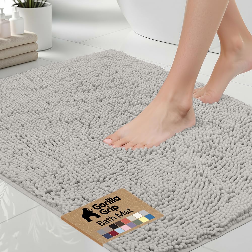 GORILLA GRIP Bath Rug Mat, Thick Soft Absorbent Chenille, Quick Dry Microfiber Mats, Rubber Backing Washable Shower Floor Rugs, US Designed Bathroom Bathmat Home Decor Accessories, 24x17, Grey