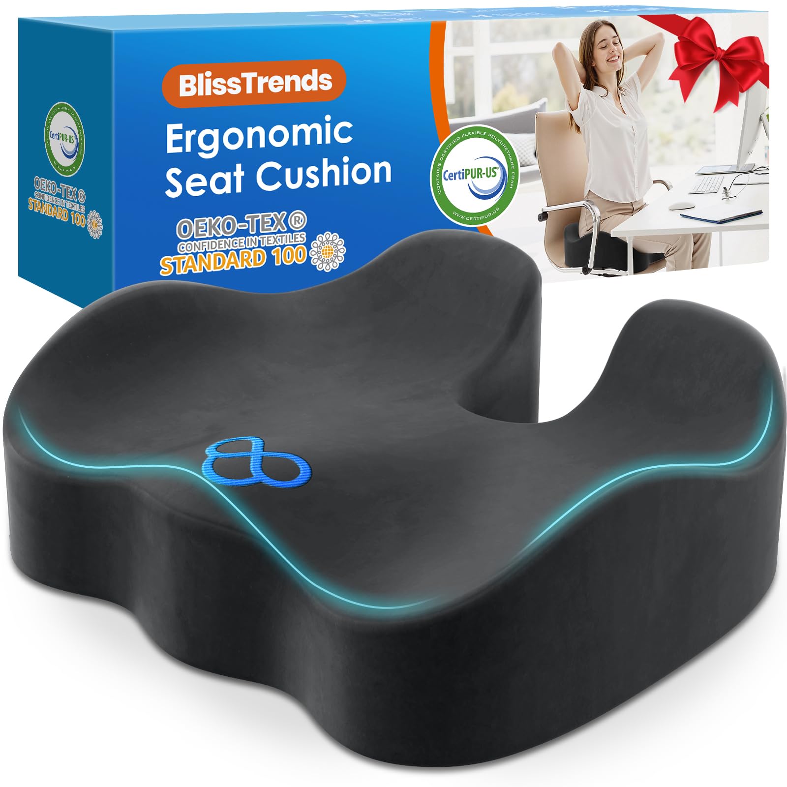 BlissTrends Seat Cushion with Velvet Cover, Thick Memory Foam Cushions for Office Chair, Car Seat, Airplane, Relieving Pressure Tailbone Sciatica Back Pain for Long Sitting, Car Drivers 4.7in Black