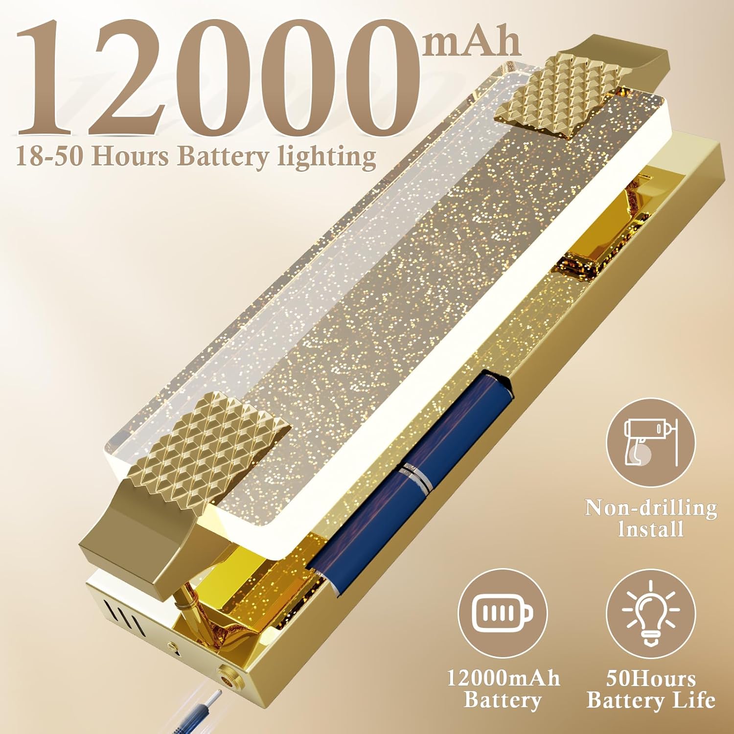 camuucci Battery Operated Wall Sconce Rechargeable Battery Powered 12000mAh Wall Light Indoor Not Hardwired Wall Lamp Fixtures for Bedroom Living Room 1Pack