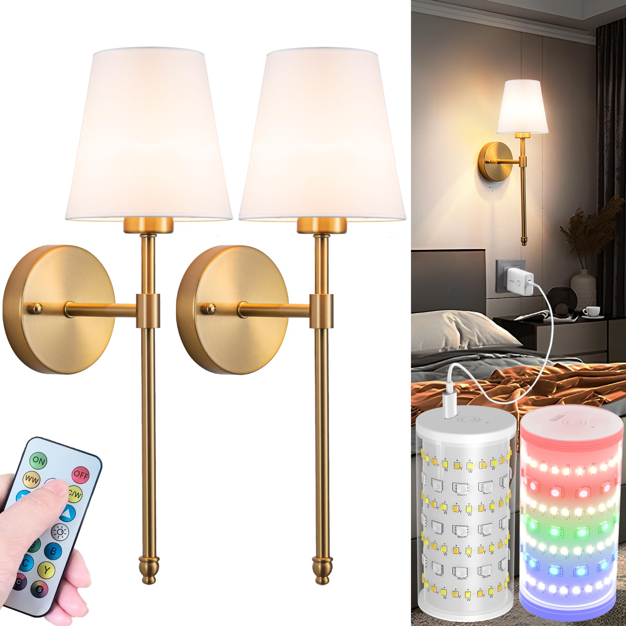 Nekhung Battery Operated Wall Sconces Set of Two, Wireless Battery Wall Light with 10000mAh RGB Dimmable Magnetic Bulb and Remote, Rechargeable Sconce Wall Decor for Bedroom Living Room Hallway
